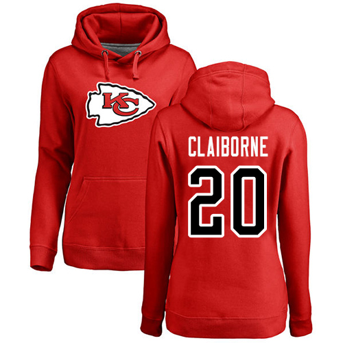 Women Football Kansas City Chiefs 20 Claiborne Morris Red Name and Number Logo Pullover Hoodie